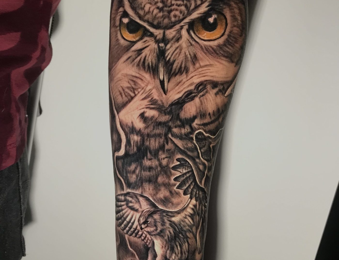 Owl With Yellow Eyes Black and Gray Photo Realism Tattoo By Rene Cristobal