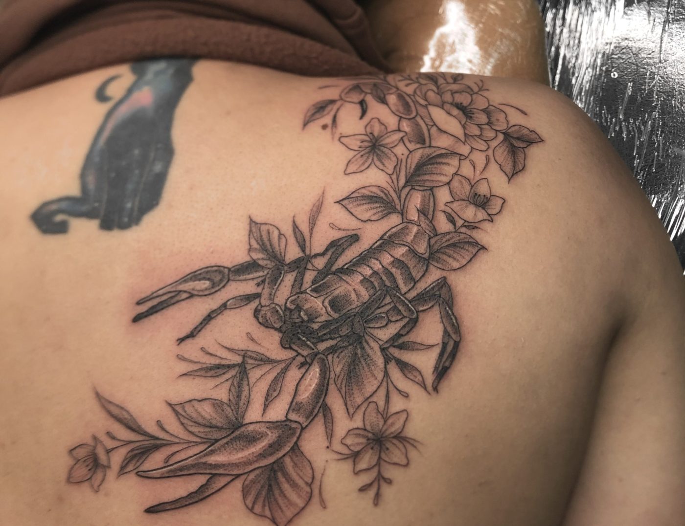 Scorpion And Flowers Blackwork Tattoo By Rene Cristobal.