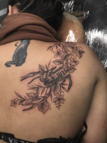 Scorpion And Flowers Blackwork Tattoo By Rene Cristobal.