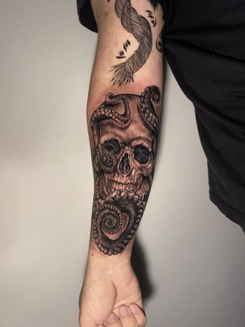 Skull And Octopus Surrealism Blackwork Tattoo By Rene Cristobal At Iron Palm Tattoos. Rene specializes in blackwork and black & gray tattoo but is experienced with many other styles. Call 404-973-7828 or stop by for a free consultation with Rene. Walk ins are welcome.