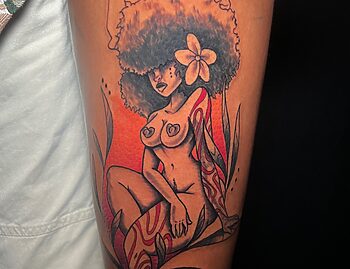 AFRO-American Woman Fine Line Tattoo By Funk Tha World at Iron Palm Tattoos in Atlanta, Georgia. Funk is a senior resident tattoo artist at Iron Palm. Call 404-973-7828 or stop by for a free consultation. Walk ins are welcome.