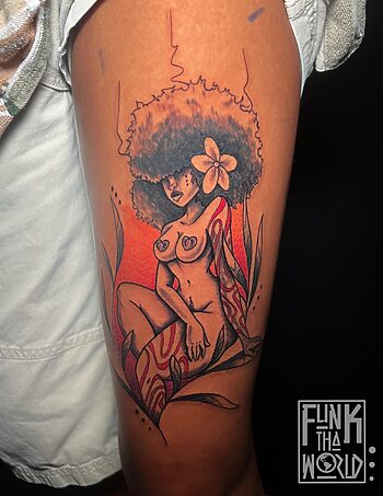 AFRO-American Woman Fine Line Tattoo By Funk Tha World at Iron Palm Tattoos in Atlanta, Georgia. Funk is a senior resident tattoo artist at Iron Palm. Call 404-973-7828 or stop by for a free consultation. Walk ins are welcome.