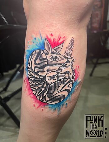 Funky Armadillo Water Color Animal Tattoo By Funk Tha World at Iron Palm Tattoos in downtown Atlanta, GA. Funk is a senior resident tattoo artist at Iron Palm. Call 404-973-7828 or stop by for a free consultation. Walk ins are welcome.