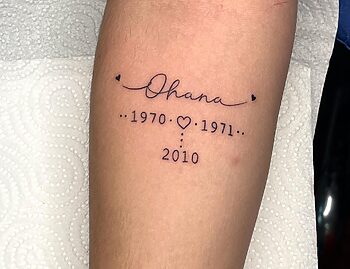 "Ohana" Lettering script tattoo by Rene Cristobal at Iron Palm Tattoos. Rene is a resident tattoo artist at Iron Palm and comes to us from Concepcion, Chile. Call 404-973-7828 option 2 during business hours to schedule a tattoo with Rene.