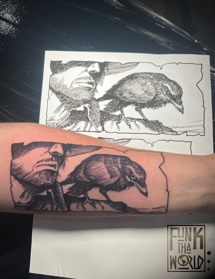 Stephen King's "The Dark Tower" Blackwork Tattoo By Funk Tha World At Iron Palm Tattoos. We think this blackwork tattoo is one of the best portraits of a scene from the series. Western, horror, science fiction... This saga has it all.