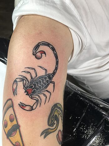 Neo-Traditional Scorpion Tattoo By Binky Warbucks At Iron Palm Tattoos. Scorpion tattoos usually symbolize resilience or a fighting spirit. Iron Palm is Atlanta's only late night tattoo studio. Call 404-973-7828 or stop by for a free consultation.