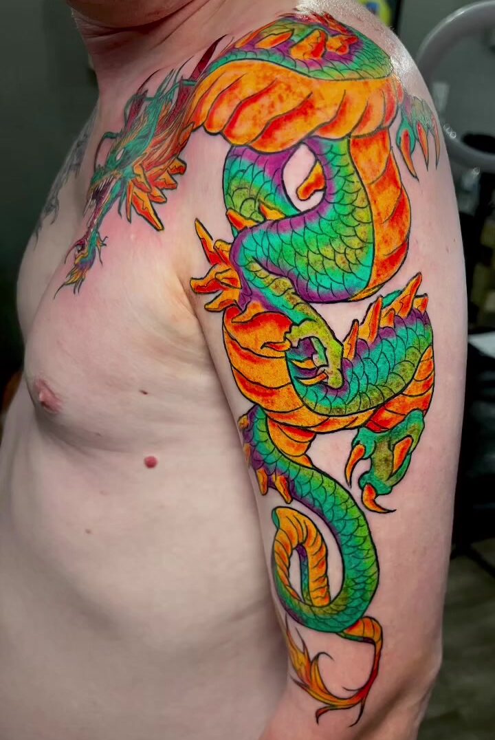 Japanese Neo Traditional 'Funky' Dragon Tattoo by Funk Tha World at Iron Palm Tattoos in south downtown Atlanta, Georgia.