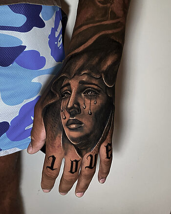 'Virgin Crying' Realism Portrait With "LOVE" Lettering Tattoo by Rene Cristobal.