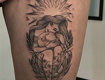 'Mother Earth Cradles The World' Fine Line Tattoo by Rene Cristobal. Mother Earth tattoos typically symbolize a variety of character traits: Fertility, stability, love, nurturing, natural living, and honesty are popular sentiments. Iron Palm Tattoos is Atlanta's most reviewed tattoo shop. We're open late night most nights until 2AM. All body art consultations are free and only take minutes. Call 404-973-7828 or stop by for a free consultation.
