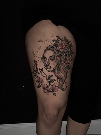 Maiden With Flowers Fine Line Portrait Tattoo By Rene Cristobal. The customer wanted a fine line maiden tattoo just above his knee. Rene added pink flowers to and green leaves for depth. Iron Palm is Atlanta's only late night tattoo studio. Call 404-973-7828 or stop by for a free consultation. Walk ins are welcome.