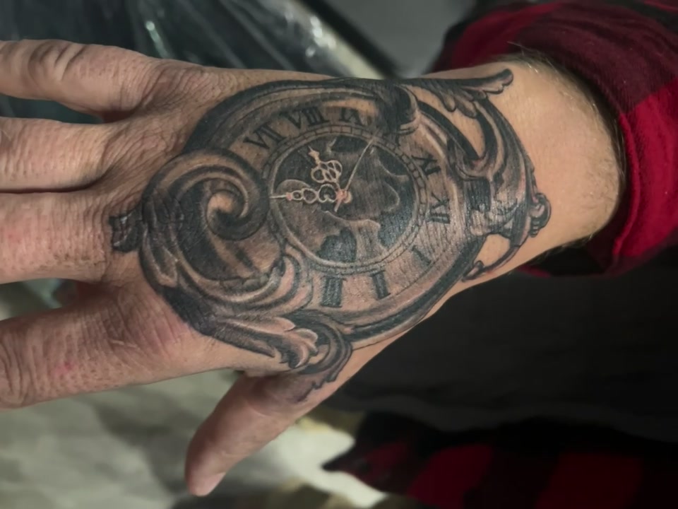 Rose & Clock Childbirth Memorial Tattoo By Terrence Sawyer. Terrence, aka ArtByTSawyer inked two tattoos for Mitch to memorialized the birth of his two children.