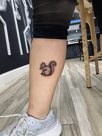 Squirrel Blackwork Animal Tattoo By Rene Cristobal at Iron Palm Tattoos in south downtown Atlanta, GA. Squirrels typically represent fun, comedy, or entertainment. (She's squirrely). Call 404-973-7828 or stop by for a free consultation. Walk ins are welcome.