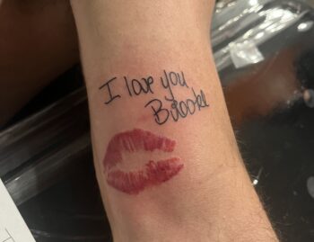 "I Love You Brooke" Lettering With Lips Tattoo By Terrance Sawyer. The sentiment in this tattoo is so apparent 'bad luck' could never happen. Some couples get ink to celebrate anniversaries and others celebrate 'beginnings'. Congrats Brooke. It's forever! 😍 Iron Palm is Atlanta's only late night tattoo shop. We're open from 1PM - 2AM most nights. Call 404-973-7828 or stop by for a free consultation. Walk ins are welcome.