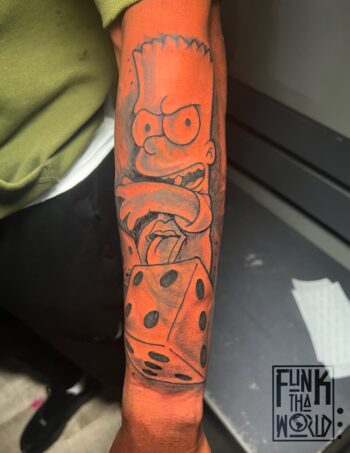 Bart Simpson Rolls The Dice By Funk Tha World at Iron Palm Tattoos in downtown Atlanta, Georgia. We like how the determined Bart Simpson throws the dice with attitude. This was done in the Black & Gray style using black line work and gray shading. Iron Palm is Atlanta's only late night tattoo shop. We're open from 1PM - 2AM daily. Call 404 -973-7828 or stop by for a free consultation.