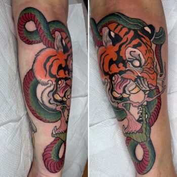 'Bengali Tiger Battles A Snake' Neo Traditional By Pierre Jarlan Pierre's customer wanted a traditional presentation of the struggles he had in his life. He choose these animals as avatars to represent his inner struggles. Pierre will be in Atlanta exhibiting his art work April 16th - 20th and is available by appointment. Call 404-973-7828 with questions.