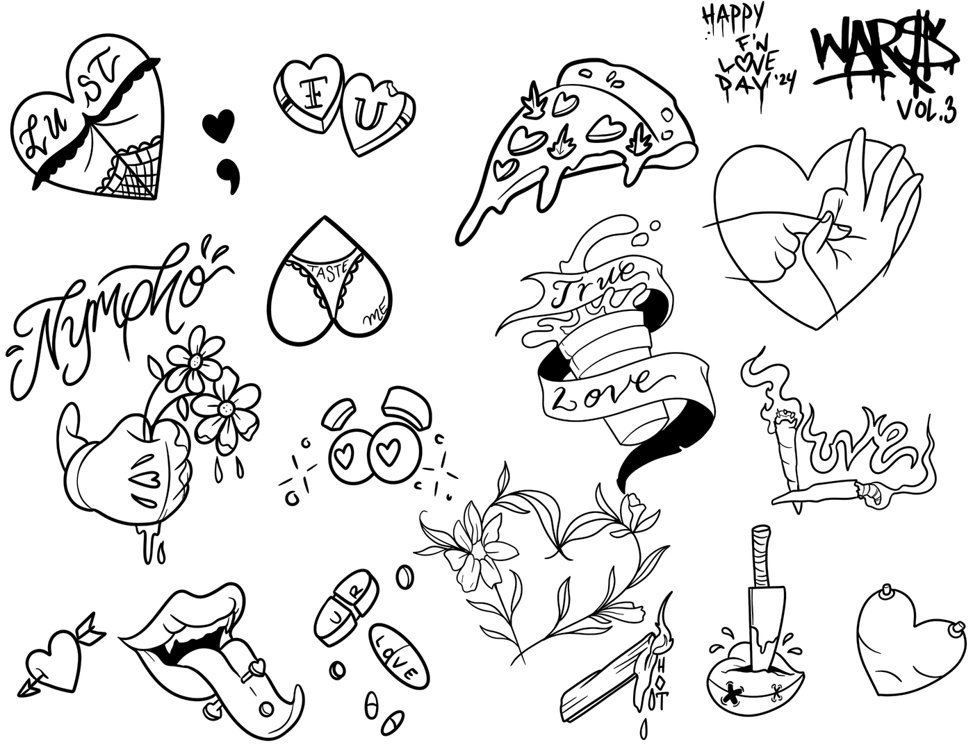 Valentines Day Tattoo Flash By Binky Warbucks. We 'love' the pizza and the heart wearing panties is pretty dope. Hope to see everyone at Iron Palm for this Valentine's day 2024 tattoo & body piercing special.
