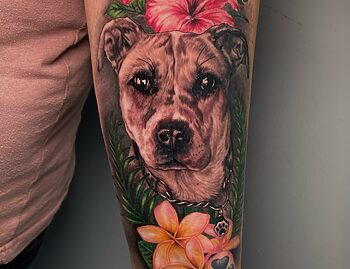 Dog Realism Memorial Portrait Tattoo By Rene Cristobal at Iron Palm Tattoos in downtown Atlanta, GA. Everyone has nostalgic sentiment for something. Rene photo realistically captured the affection these two had for each other. Iron Palm is Atlanta's only late night tattoo shop. We accept walk ins whenever we're open. All body art consultations are free.