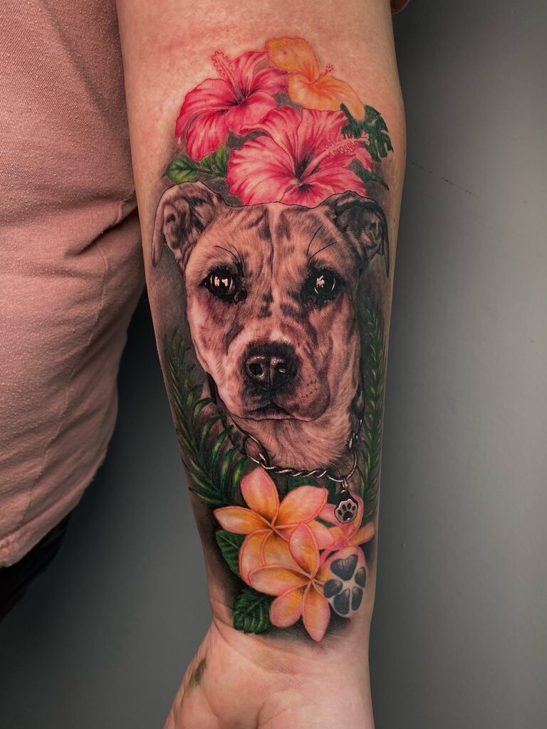 Dog Realism Memorial Portrait Tattoo By Rene Cristobal at Iron Palm Tattoos in downtown Atlanta, GA. Everyone has nostalgic sentiment for something. Rene photo realistically captured the affection these two had for each other. Iron Palm is Atlanta's only late night tattoo shop. We accept walk ins whenever we're open. All body art consultations are free.