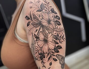 Fine Line Blackwork Lotus Flower Tattoo By Rene Cristobal. We love the line work. Rene is a resident tattoo artist at Iron Palm Tattoos. Call 404-973-7828 or stop by for a free consultation. Walk ins are welcome.