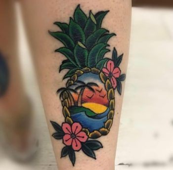 "Iquique Beach" Neo Traditional Tattoo By Pierre Jarlan. Pierre's customer bought this scene from a tattoo flash Pierre made. Iquique is a beautiful oceanside city in Chile and the people there are very proud of the beaches.