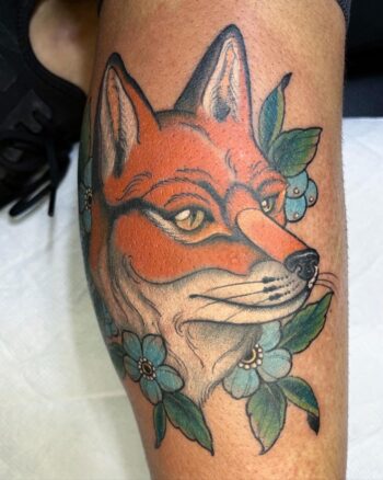 Neo-Traditional 'Kitsune' Fox Tattoo By Pierre Jarlan. Fox tattoos traditionally symbolize cunning, transformation, protection, and/or guidance. Pierre Jarlan is a international guest artist exhibiting his-art at Iron Palm April 16th - 20th. Book your time with Pierre in advance. Call 404-973-7828 or book an appointment with Pierre via IronPalmTattoos.com.