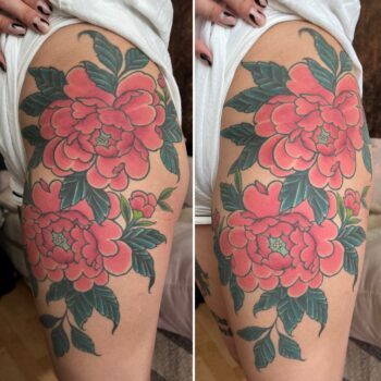 Neo Traditional Tattoo made In 2018 Versus 2024 By Guest Tattoo Artist Pierre Jarlan. In a testament to Pierre's ability and his aftercare instructions this is a traditional tattoo he did five years later. The image on the right has little fading after five years in a beach environment.Pierre will be guest tattooing at Iron Palm April 16 - 20th. You can book him on Iron Palm Tattoos.