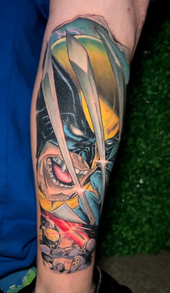 Wolverine X-Men Anime Tattoo By DB Wyte. DB Wyte is a tattoo artist at Iron Palm Tattoos. James Howlett, AKA Logan, AKA Wolverine is a would famous fixational character in the X-Men comic universe by Marvel. The member of the X-Men symbolizes strength, rejuvenation, and fearlessness to many. Irregardless we love it because Anime tattoos always look cool.