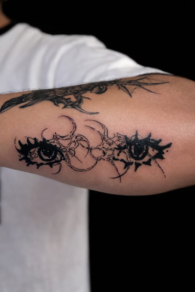 blackwork abstract eye tattoo with cybersigilism design on arm