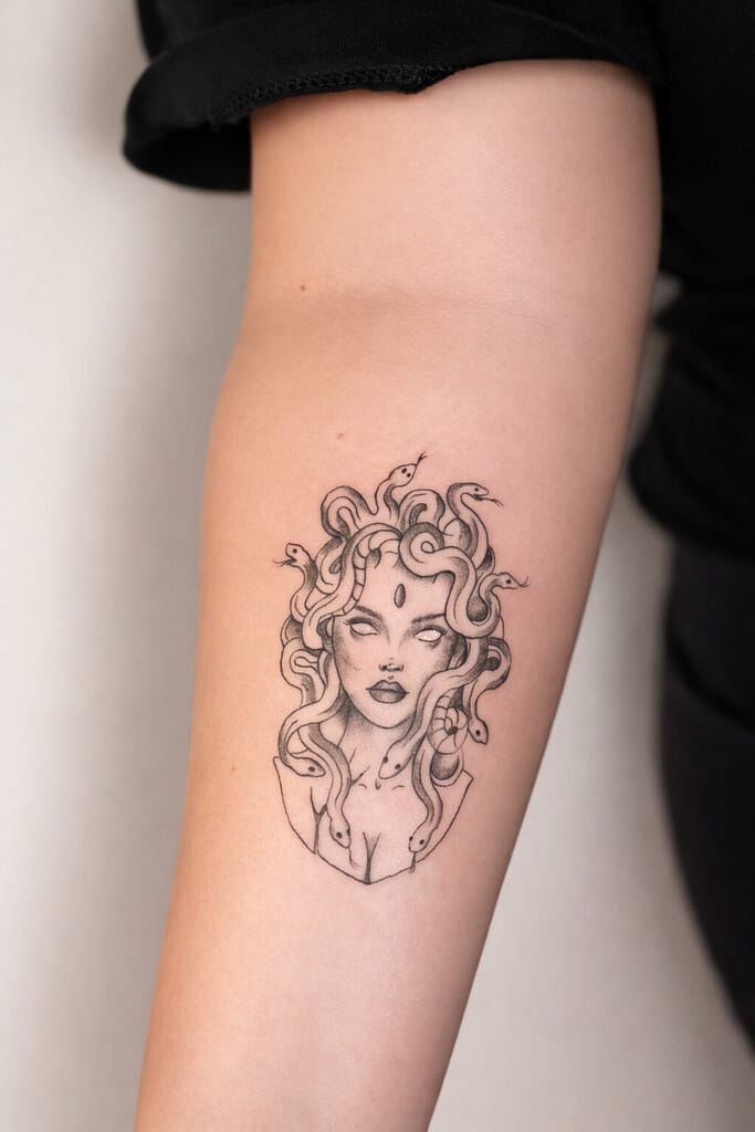 fine line black and gray Medusa portrait tattoo on arm