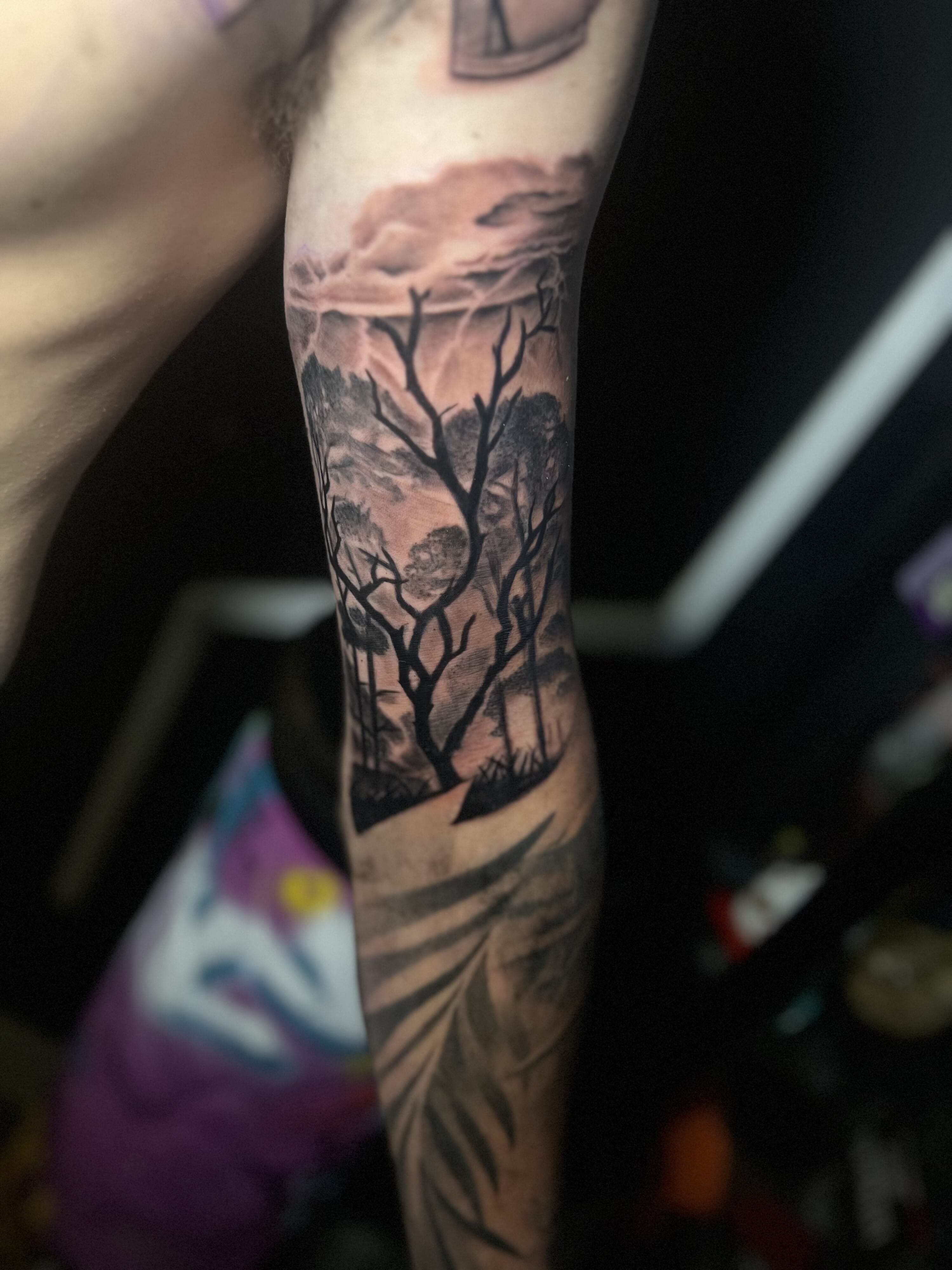 Black And Gray Forest Landscape Arm Tattoo By DB Wyte